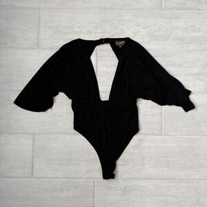 Jane Plus One Bodysuit Deep Plunge Open Back Bat Wings Black Top Button Closure